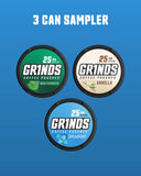 Grinds Coffee Pouches | 3 Can Sampler | Wintergreen, Spearmint, Vanilla | 1 Pouch eq. 1/4 Cup of Coffee (3 Can Sampler Pack)