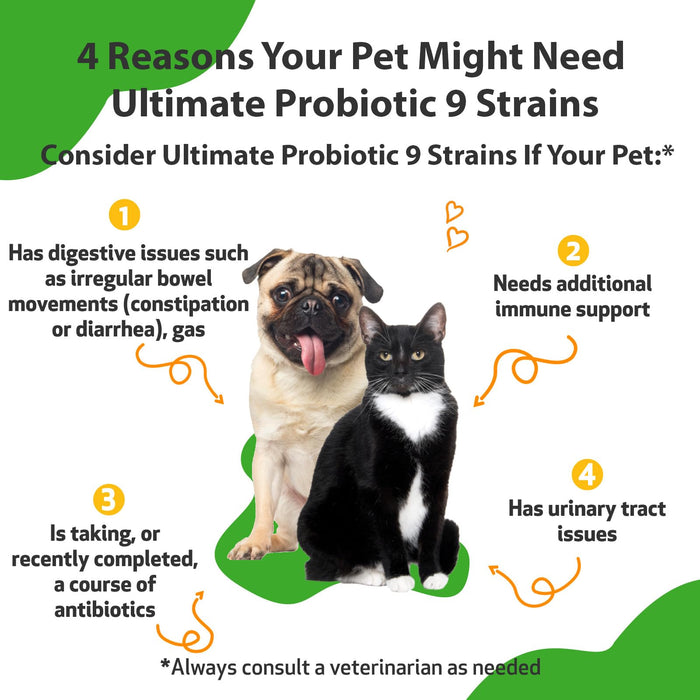 Pet Wellbeing - Ultimate Probiotic 9 Strains for Cats and Dogs - Natural Support for Digestion and Urinary Tract Health 160 Grams.