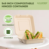 [200 COUNT]Sugarfiber by Harvest Pack 9 X 9" Compostable Clamshell Food Containers, 3 Compartment Clamshell Heavy-Duty Hinged Container, Disposable Bagasse Eco-Friendly Natural Takeout to go Box