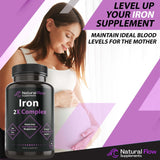 Iron Supplement 2-in-1 Complete Complex - Natural Flow 2X Heme and Chelated Non Heme Iron Bisglycinate, Folate, B and Vitamin C, for Anemia and Blood Building Support, Gentle on Stomach, 90 Caps