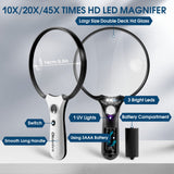 Large Magnifying Glass with Light, Magnifier 10X 20X 45X Handheld Illuminated Lighted Magnifier with 3 LED Lights 1UV Light Storage Bag Clean Cloth for Seniors Reading Inspection (Black)