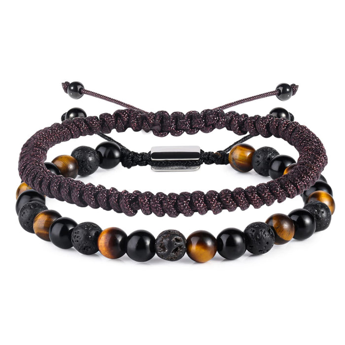 CARITATE Natural Beaded Bracelets for Men Boys - 6mm Tiger Eye Obsidian Lava Beads Mens Bracelet Set for Couples - Christmas Gifts Birthday Gifts Mens Jewelry for Boyfriend Husband Him