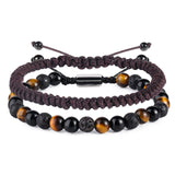 CARITATE Natural Beaded Bracelets for Men Boys - 6mm Tiger Eye Obsidian Lava Beads Mens Bracelet Set for Couples - Christmas Gifts Birthday Gifts Mens Jewelry for Boyfriend Husband Him