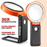 DICFEOS 30x 40x Magnifying Glass with Light and Stand, Non-Rechargeable, Folding Design 32 LED Illuminated for Close Work, Handheld Large Glasses Reading, Powered by Battery or USB