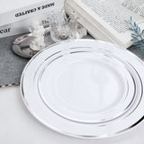 WELLIFE 144 Pieces Silver Plastic Dessert Plates, 7.5 inch Disposable Salad Plates, Premium White Appetizer Plates with Silver Rim, Ideal for Party, Wedding