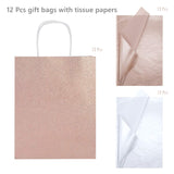 UNIQOOO 12 Pack Rose Gold Glitter Gift Bags w/ 12 Rose Gold 12 White Tissue Wrapping Paper | Kraft Paper Favor Bag for Wedding Bridal Shower Baby Shower Valentine's Day Holiday Anniversary Party