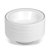 BloominGoods 50 Disposable White Silver Rimmed Plastic Soup Bowls | 14 oz. Premium Heavy Duty Disposable Dinnerware with Real China Design | Safe & Reusable (50-Pack White/Silver Trim)