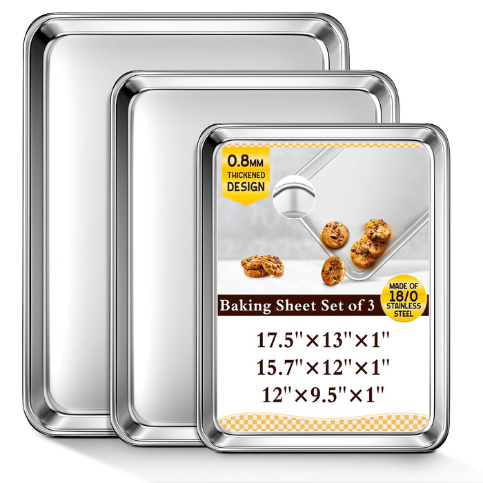Baking Sheet Set of 3, Commercial Grade Stainless Steel Cookie Sheets for Baking, 12/16/17.5 Inch, Thicker and Firmer Baking Pans Set, Rust & Warp Resistant & Nonstick, Nontoxic&Heavy Duty&Easy Clean