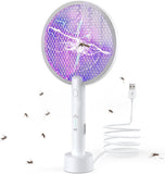VLISBO Electric Mosquito Swatter 3000V Bug Zapper Racket Dual Modes 2 in 1 Mosquito Killer with Fly Light with USB Rechargeable Base Powerful Fly Trap Lamp for Home, Kitchen, Patio - Grey White