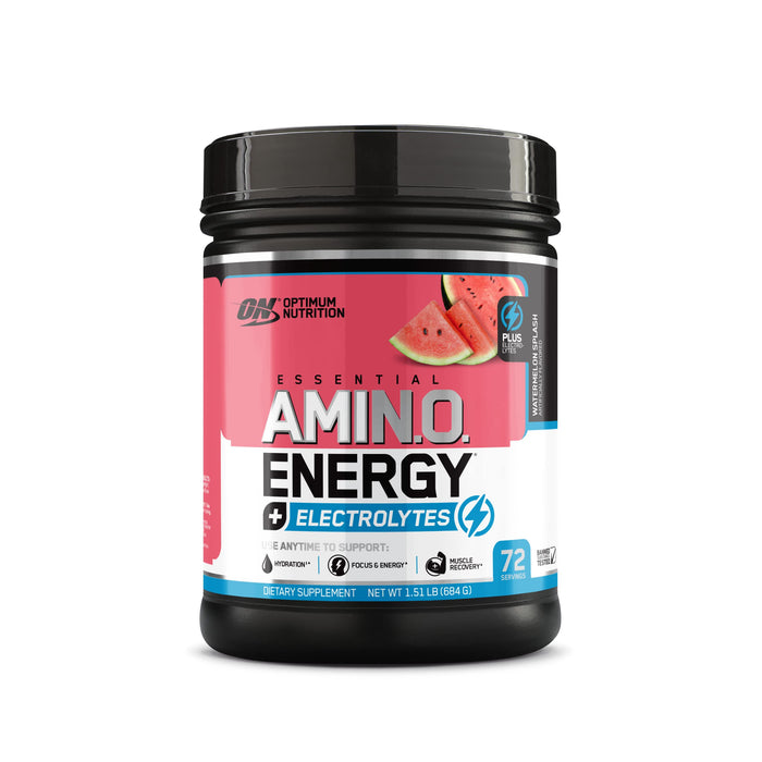 Optimum Nutrition Essential AMIN.O Energy & Electrolytes - Energy, Focus & Post-Workout Muscle Recovery - Watermelon Pre-Workout Electrolyte Powder Drink - Watermelon Splash, 1.51 lb (72 Servings)