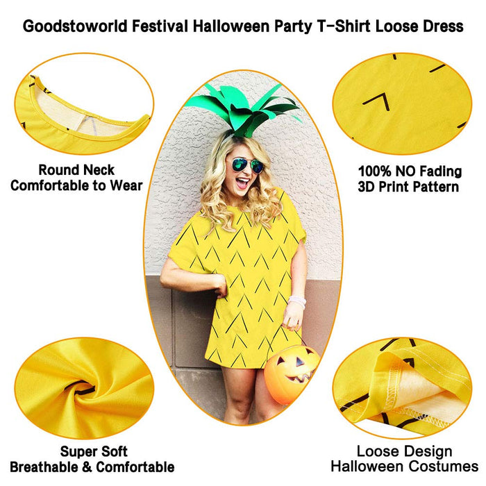 Goodstoworld Women's Pineapple Shirts Halloween Fun T Shirt Dress Ladies Yellow Fruit Costumes Round Neck Fashion Girls Bosom Friend Casual Tees Dresses Outfits Loose Festival Clothing