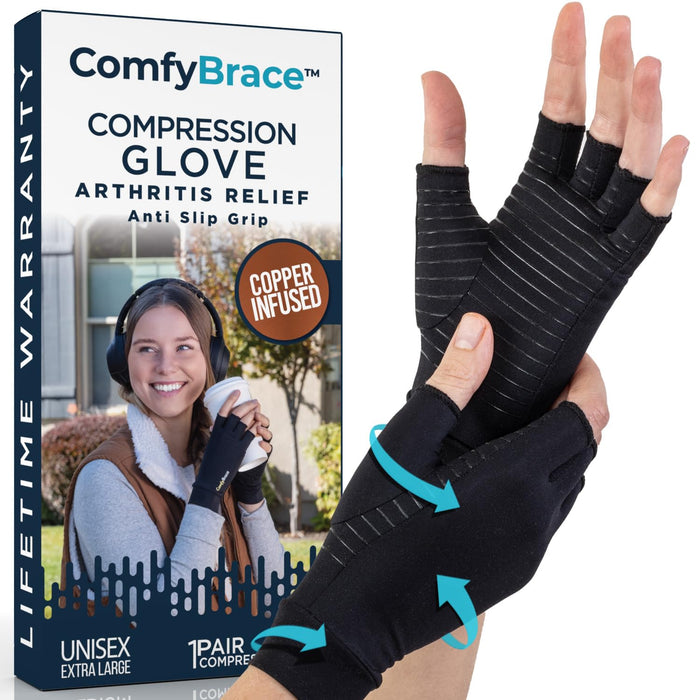 ComfyBrace Copper Infused Compression Arthritis Gloves for Hand & Finger Relief from pain/swelling caused by Rheumatoid Arthritis, carpal Tunnel, Tendonitis and Poor Circulation, Fits Men & Women