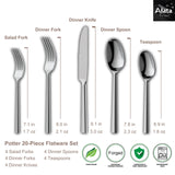 Alata Potter 20-Piece Forged Silverware Set Stainless Steel Flatware Set Cutlery Set,Service for 4,Mirror Finish,Dishwasher Safe