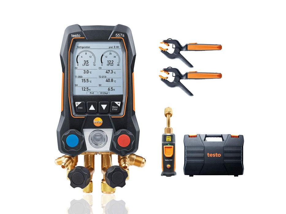 Testo 557s Kit I App Operated Digital Manifold, 2 x 115i Pipe Clamp Thermometer, 1 x 552i Micron Gauge I for HVAC Systems – with Bluetooth