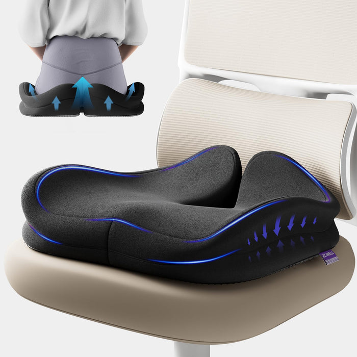 ZZ-WELL Seat Cushions for Office Chairs - Patented Coccyx Cushion for Tailbone Pain - 21.2" W x 16.5" L Extra Large Memory Foam Seat Cushion with Removable Cover