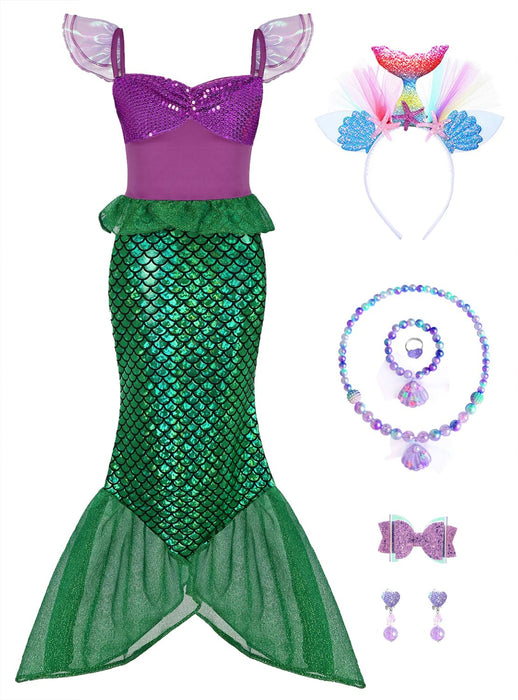 Oumbivil Mermaid Costume Princess Dress Ariel for Grils Cosplay Birthday Party Halloween Costumes with Headband, Necklace OU056XS