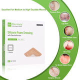 NeuHeils Silicone Adhesive Foam Dressing Bandage with Gentle Border 6 x 6 inch for Bed Sore Leg Ulcer, 5 Pack, High Absorbency Waterproof Silicone Wound Bandage for Pressure Ulcer