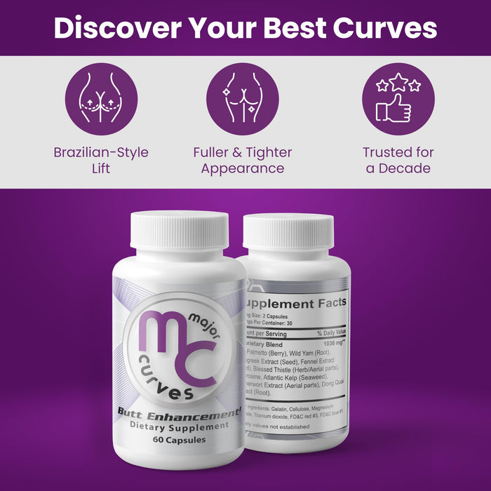 Major Curves Butt Enhancement Pills - Booty Capsules for Fast Bum Bum Growth - Lift, Tone, Firm and Tighten That Perfect Peach for a Fuller Appearance, Reduce Cellulite (1 Bottle)