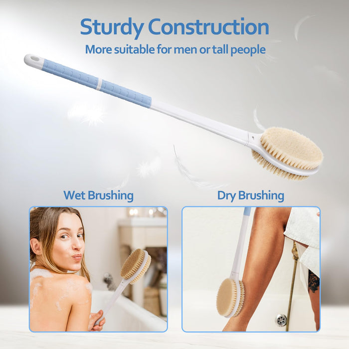 Back Scrubber Body Shower Brush: 20.5‘’ Extra Long Anti Slip Handle Bath Brush with Stiff and Soft Bristles - Showering Exfoliator for Women, Men, Elderly (Blue)