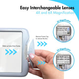 MAGNIPROS Rechargeable Goose-Neck Page Magnifier with 3 Color Light Modes | 4X & 6X Interchangeable Lenses | Hands Free Magnifying Glass with Light for Reading Fine Print, Low Vision & Seniors