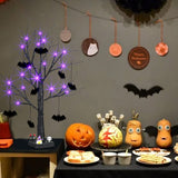 PEIDUO Halloween Decorations, 2FT Black Halloween Tree with 24 Purple Lights and 8 Bat Ornaments, Light up Halloween Decorations with Timer for Indoor Home Desk Table Decor Battery Powered