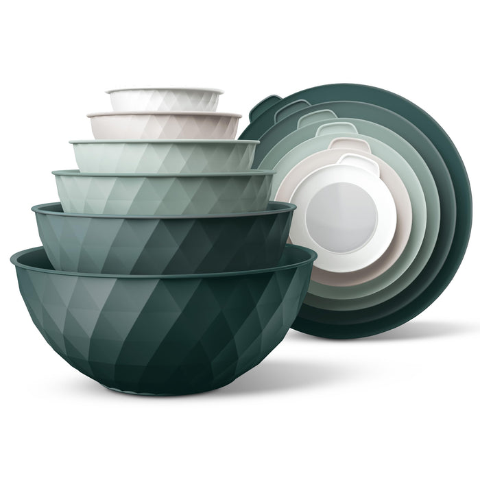 COOK WITH COLOR Mixing Bowls with Lids - 12 Piece Plastic Nesting Bowls Set includes 6 Prep Bowls and 6 Lids, Diamond Design - Microwave Safe (Mint)