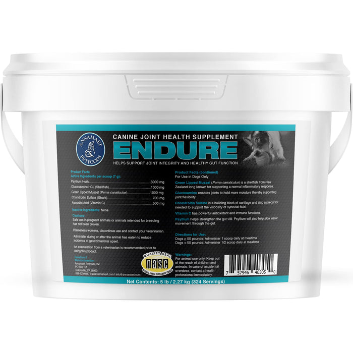 Annamaet Endure – Hip & Joint Powder Supplement for Dogs – with Glucosamine, Chondroitin and Green Lipped Mussel for Joint Support and Psyllium for Gut Health - 5 lb