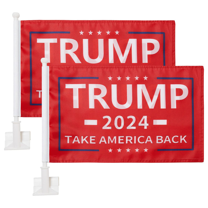 2 Pack Car Flags,Car Flag Donald Trump 2024 Take America Back Flag Outdoor and Car Flag Pole, Car Logo Window Clip Can be Clipped to Most Windows 14 inch Flag Pole and 16 x 10 inch Double Sided Flag