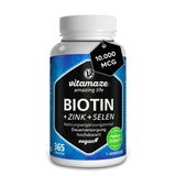 Biotin High Dose with Selenium and Zinc for Hair Growth, Skin and Nails, 365 Vegan Tablets for 1 Year, Biotin High Dose 10,000 mcg, Made in Germany