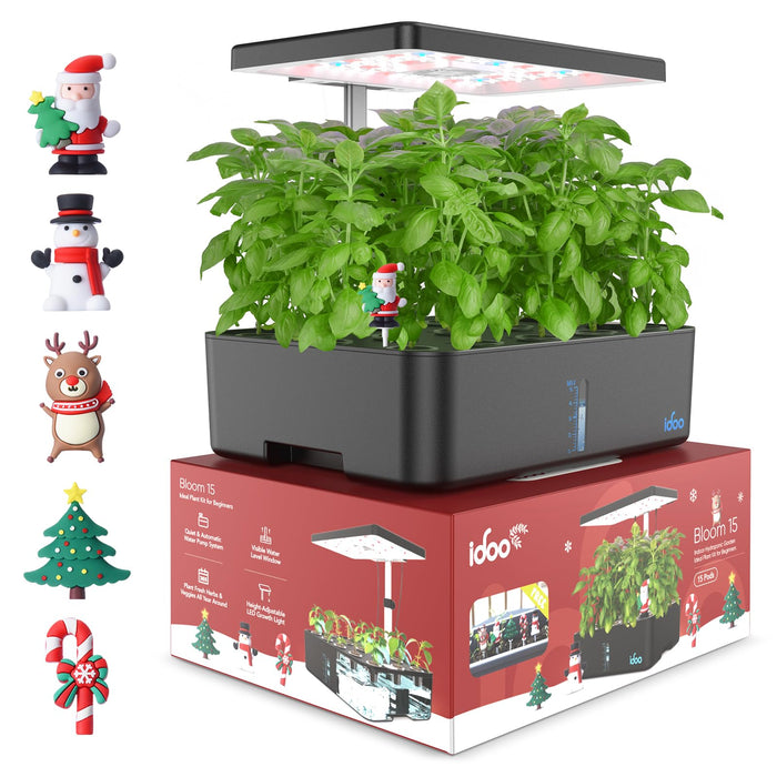 iDOO Hydroponics Growing System Kit 15Pods, Christmas Gifts for Women Mom, Herb Garden Indoor with LED Grow Light for Home School, Built-in Fan, Auto-Timer, Adjustable Height Up to 11.3", 15Pods-Black