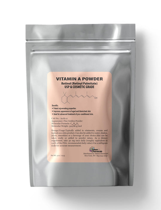 Talsen Chemicals Vitamin A Powder Retinyl Palmitate, Pure Retinol Powdered Vitamin Water Soluble Vitamin A USP & Cosmetic Grade (4 oz. / 113 Grams)