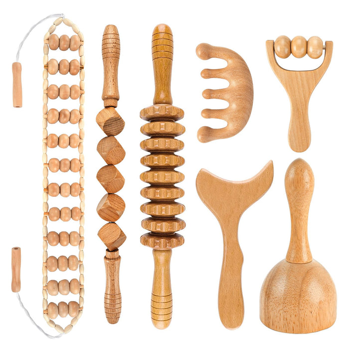 7 Pack Wood Therapy Massage Tools, Lymphatic Drainage Massager, Professional Maderoterapia Kit, Body Shaping, Anti-Cellulite, Back and Muscle Pain Relief, Wooden Body Sculpting Tools Set (7 Pack)