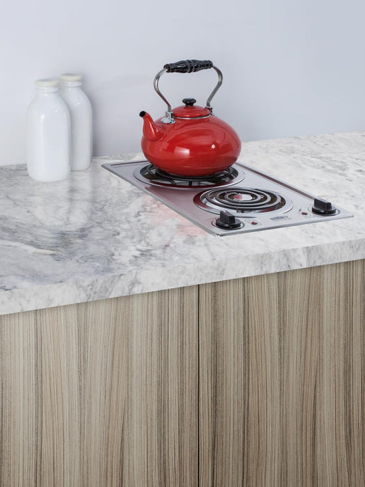 Summit 12" 2 Burner Electric Cooktop. 230V Radiant Cooktop, Coil Elements, Made in the USA, White- CCE225WH