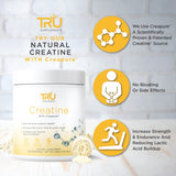 TRU Creatine | 100% Pure Patented Creapure | Increase Strength & Boost Stamina | Build Lean Muscle with Zero Water Retention or Bloating | Clinically Tested and Safe | 100 Servings