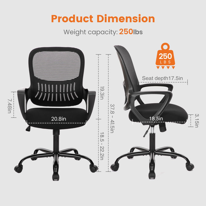 Sweetcrispy Office Computer Desk Managerial Executive Chair, Ergonomic Mid-Back Mesh Rolling Work Swivel Chairs with Wheels, Comfortable Lumbar Support, Comfy Arms for Home,Bedroom,Study,Student,Black