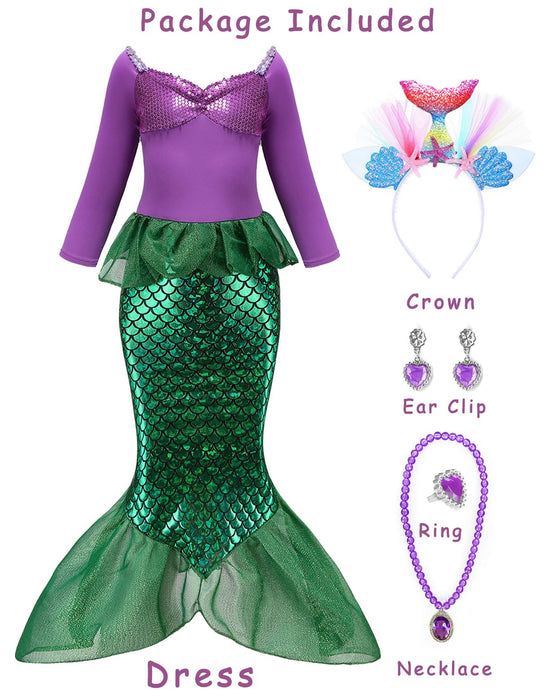 Oumbivil Mermaid Princess Dress Grils Ariel Costume Cosplay Birthday Party Halloween Costumes with Headband, Necklace OU046S