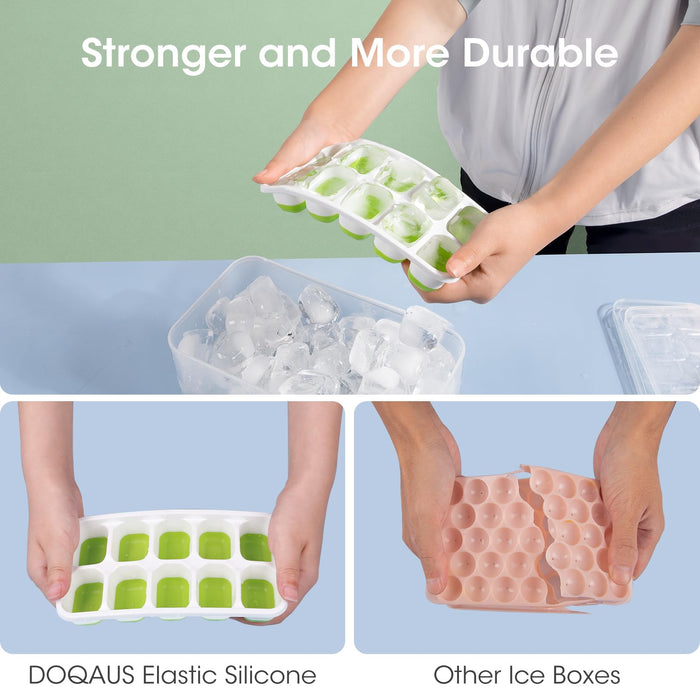 DOQAUS Ice Cube Tray with Lid and Bin, 4 Pack Silicone Plastic Ice Cube Trays for Freezer with Ice Box, Ice Trays with Ice Container, Stackable Ice Tray with Storage Ice Bucket Kits, Ice Scoop