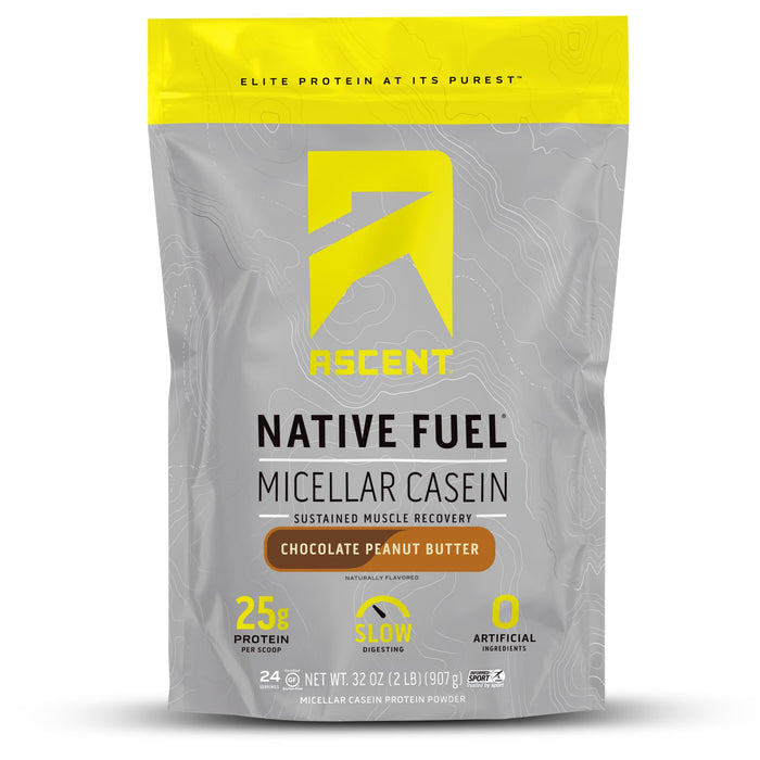 Ascent Casein Protein Powder - 25g Micellar Casein Powder with Zero Artificial Flavors & Sweeteners, Gluten Free, No Added Sugar, 4.9g BCAA, 2.2g Leucine - Chocolate Peanut Butter, 2 Pounds