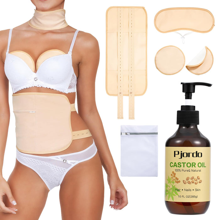 Pjordo 6Pcs Castor Oil Pack Wrap Kit for Waist, Neck and Chest, Reusable Castor Oil Pack for Liver Detox, Adjustable Elastic Strap, Cotton Flannel, 10Fl Oz Organic Castor Oil Cold Pressed