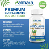 Palmara Health L-Lysine + Monolaurin 600mg 1:1 Ratio, 1 Pack, 100 Capsules