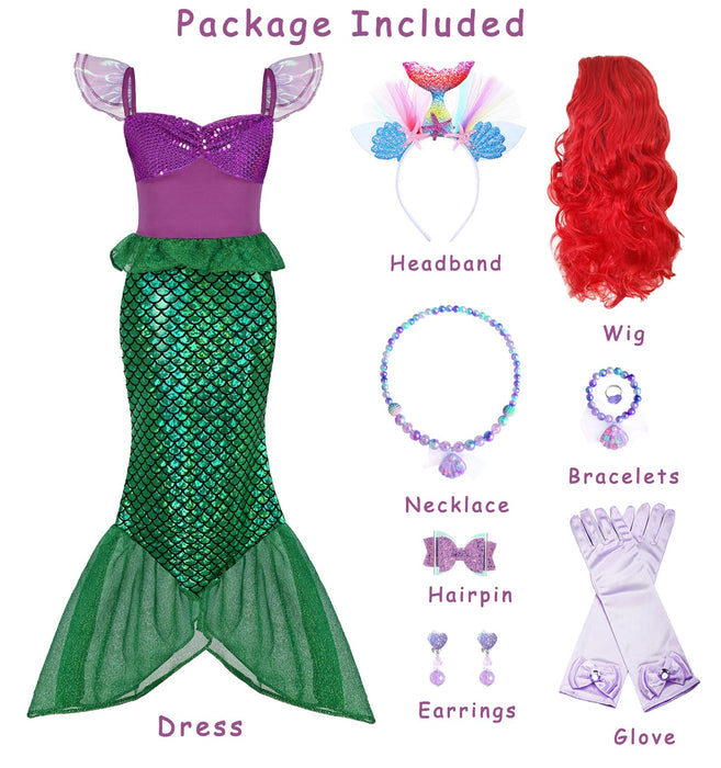 Oumbivil Mermaid Princess Dress Ariel Costume for Grils Cosplay Birthday Party Halloween Costumes with Wig, Headband, Necklace, Gloves OU031L