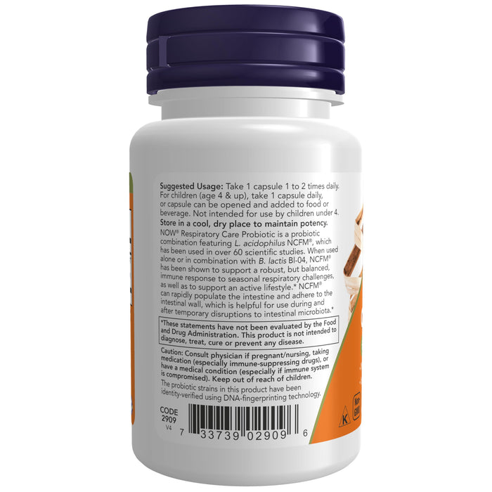 NOW Supplements, Respiratory Care Probiotic, with Clinically Tested NCFM® & BI-04, 60 Veg Capsules