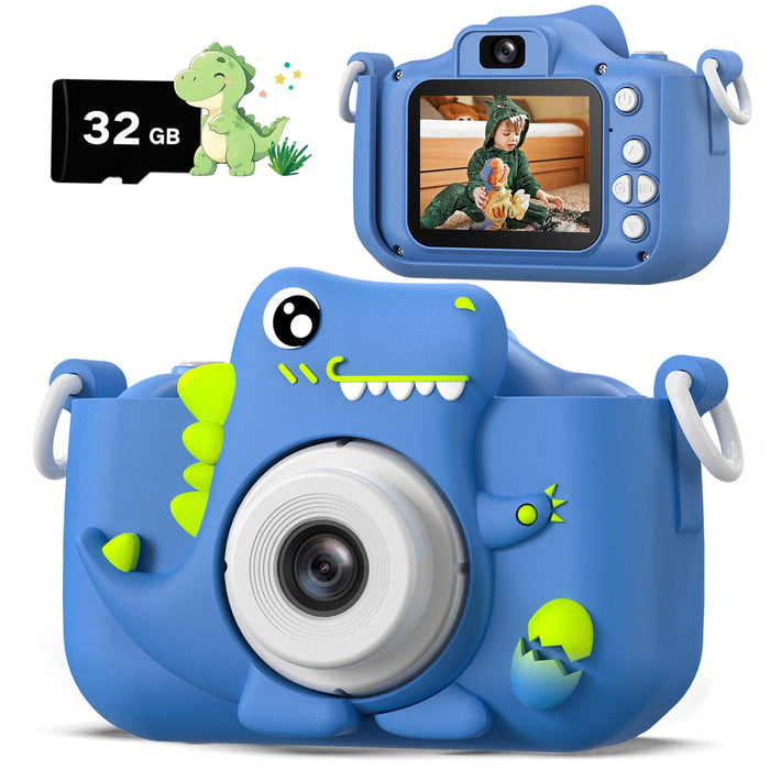 Dwfit Upgrade Dinosaur Kids Camera, Christmas Birthday Gifts for Boys Girls Age 3-12, HD Kids Digital Video Cameras for Toddler with Cartoon Soft Silicone Cover, Portable Toy for 3 4 5 6 7 8 Years Old