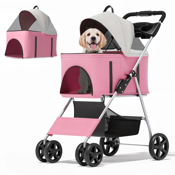 MoNiBloom 3 in 1 Foldable Pet Stroller for Small & Medium Dogs, Detachable Carrier, Car Seat, Push Button Entry, 4-Wheel Jogger for Pets up to 33 lbs, Pink
