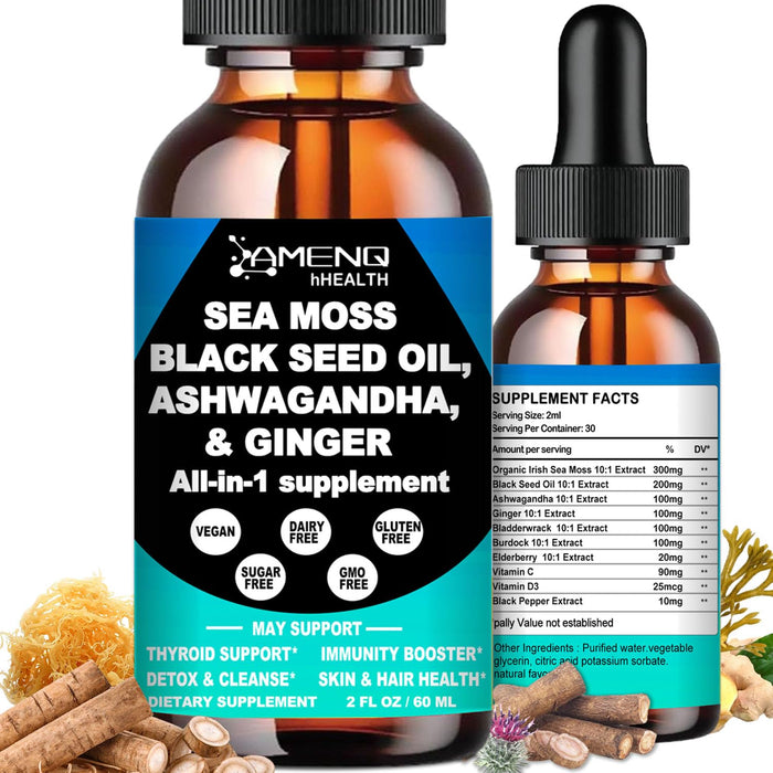 AMENQ hHEALTH Sea Moss Black Seed Oil Ashwagandha Ginger, Multi-Mineral Sea Moss 3000mg Liquid Drops Extract, 4X Stronger Than Pills & Capsules, Vegan Superfood for Immunity, Joint & Thyroid Health