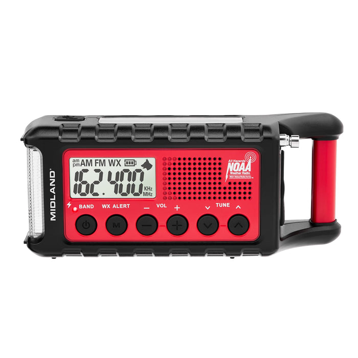 Midland - ER310, Emergency Crank Weather AM/FM Radio - Multiple Power Sources, SOS Emergency Flashlight, Ultrasonic Dog Whistle, & NOAA Weather Scan + Alert (Red/Black)