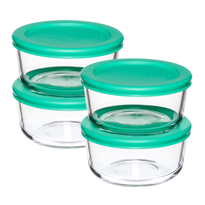 Anchor Hocking 2 Cup Glass Storage Containers with Lids, Set of 4 Glass Food Storage Containers with Mint SnugFit Lids