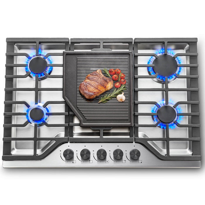 SNDOAS 30 Inch Gas Cooktop, 5 SABAF Burners 47400 BTU Built-in Gas Stove Top with 22000 BTU Triple Ring Wok Burner, Cast Iron Griddle, Stainless Steel Top, NG/LPG Convertible, Knob Control