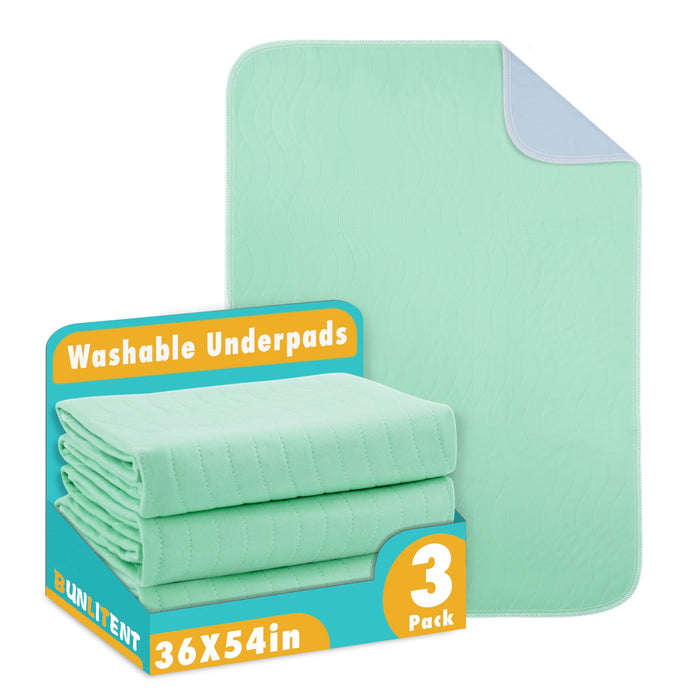 Bunlitent Washable Underpads, 36" x 54", 3 Pack - Heavy Absorbency Reusable Bedwetting Incontinence Pads for Kids, Adults, Elderly, and Pets - Waterproof Protective Pad for Bed, Couch, Sofa, Floor