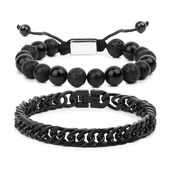 CARITATE Black Beaded Bracelets for Men Boys - 8mm Obsidian Onyx Lava Beads Mens Bracelet Set for Couples - Christmas Gifts Birthday Gifts Mens Jewelry for Boyfriend Husband Him